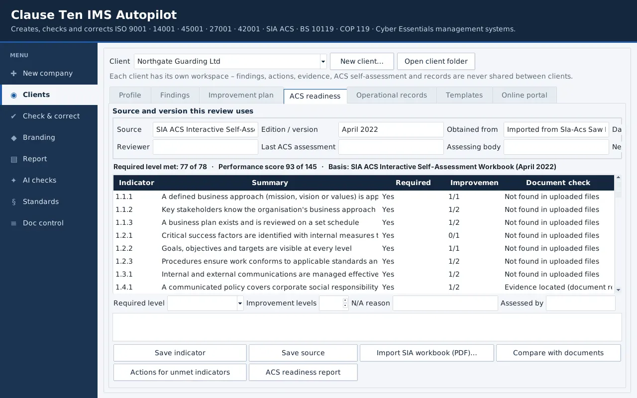 SIA ACS readiness workspace - screenshot