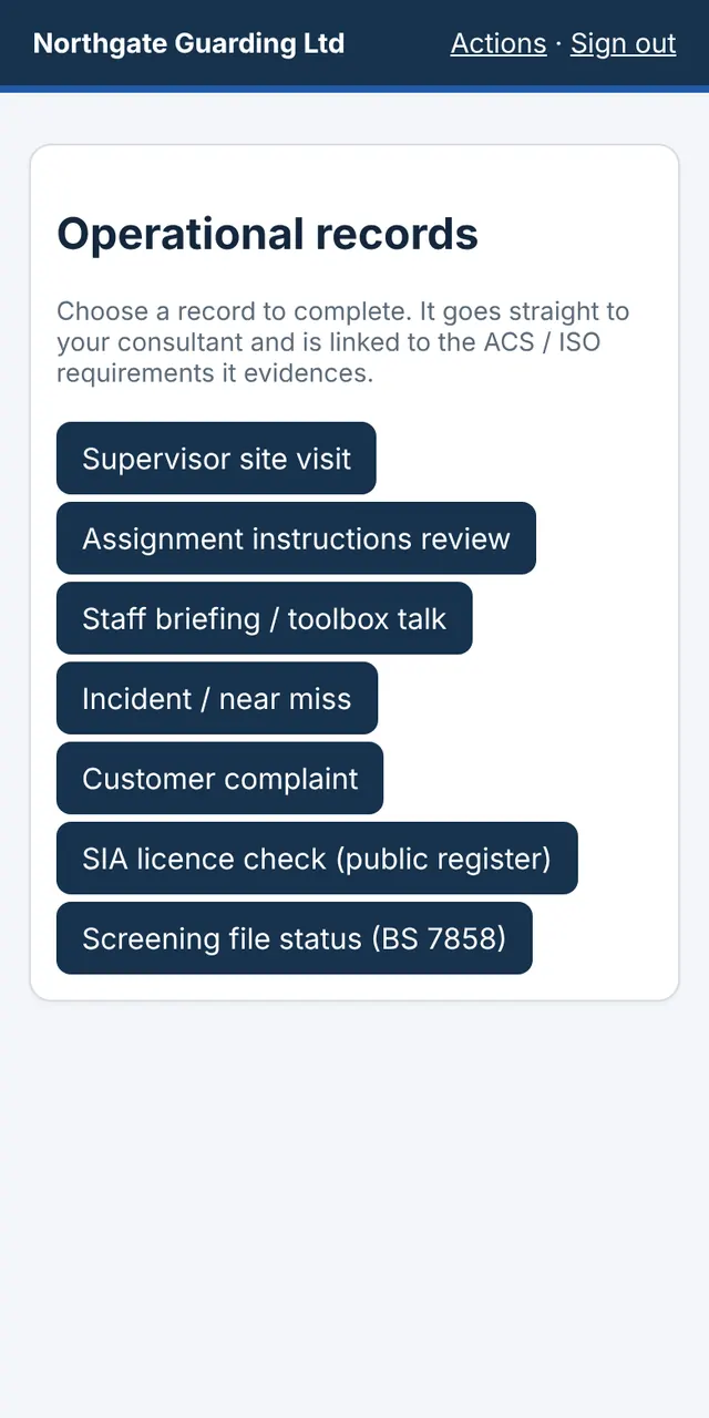 Client portal operational records on a phone